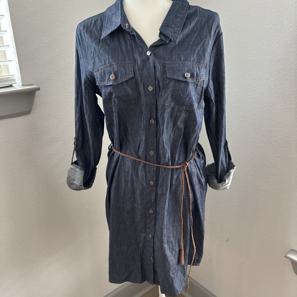 Umgee USA Long Sleeve Belted Button Shirt Dress Babydoll Denim-Like Medium Boho